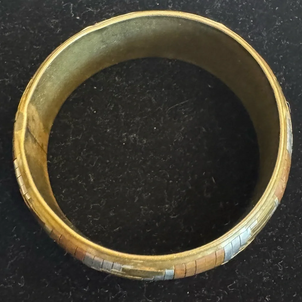 Vintage Metal Bangle Bracelet Tri-Color Woven Copper Bronze Silver Artsy Jewelry